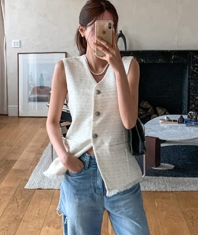抽鬚滾邊花呢銀釦小香背心1