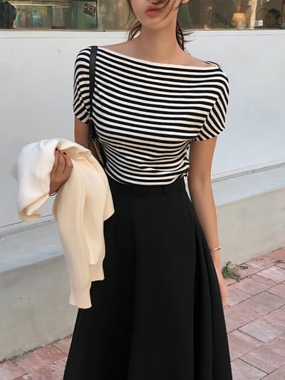 超顯瘦！平領細條紋縮腰棉Ｔ6