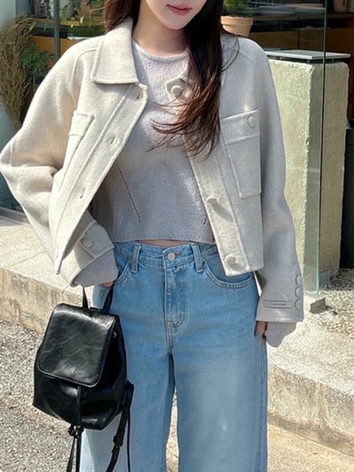 壓線雙口袋羊毛短版大衣外套8