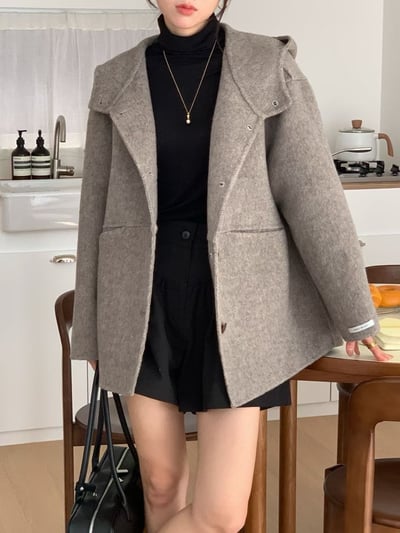 連帽壓線口袋手工羊毛100%長版大衣4