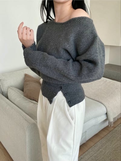 斜肩坑紋下縮腰排釦針織衣5