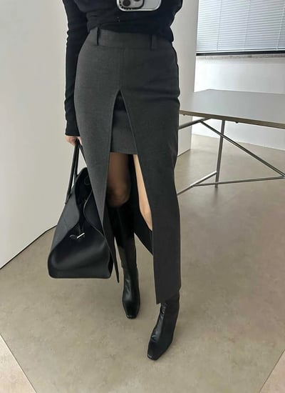 前大開衩雙層造型毛呢長裙6