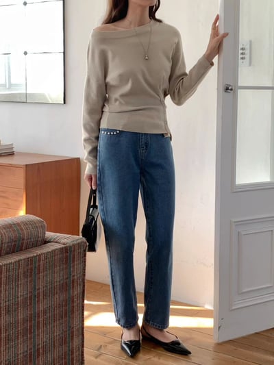 珍珠口袋滾邊直筒牛仔褲4