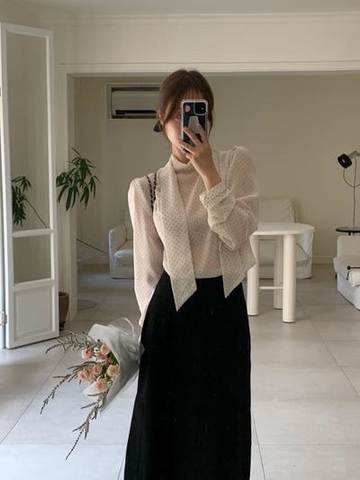 領巾復古點點微透雪紡衫7