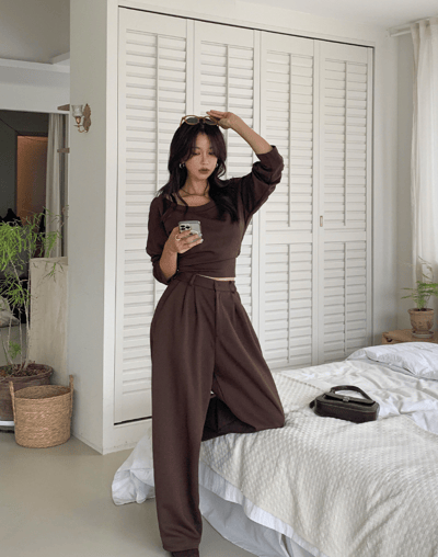 後綁帶露肩衛衣+鬆緊長褲SET2