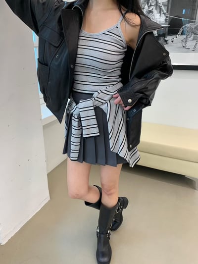 雙配色條紋背心＋排釦薄針織小外套SET7