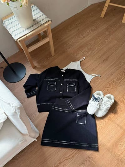 車線銀扣針織上衣+短裙SET11