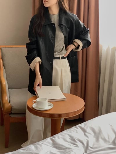 翻領皮革長版外套2