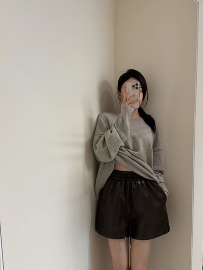 兩側開岔抽繩皮革短褲4