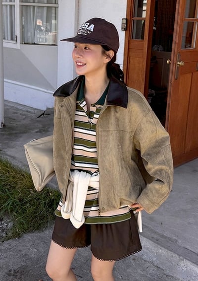 皮革領拼接絨面拉鍊夾克外8