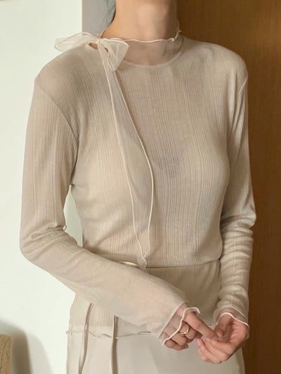 拼接歐根紗綁結領彈力壓紋Ｔ9