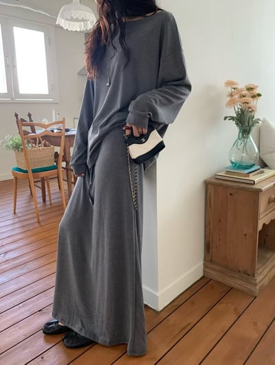 內磨毛可斜肩Ｔ+鬆緊落地磨毛長裙SET(可拆買）6