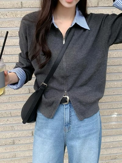 拼接直紋襯領雙拉鍊針織衫9