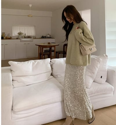 鬆緊腰圍亮片魚尾長裙2