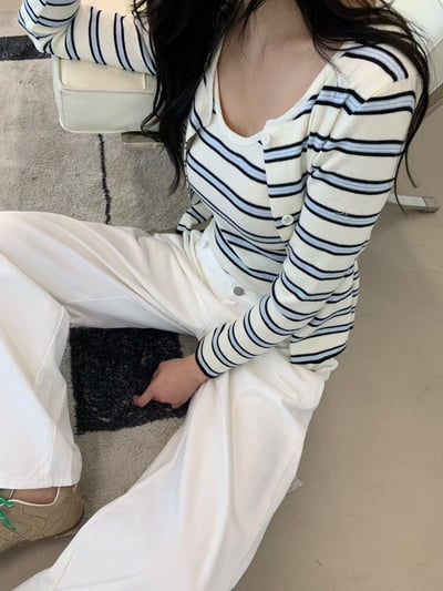 雙配色條紋背心＋排釦薄針織小外套SET2