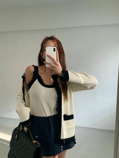 圓領抽鬚滾邊開心外套＋撞色背心SET3