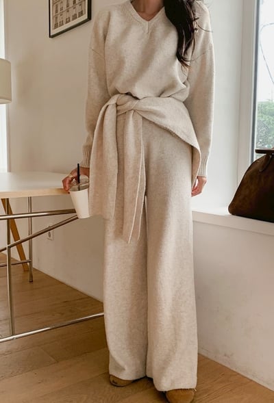 三件組｜Ｖ領針織衣＋披肩＋鬆緊寬褲SET3