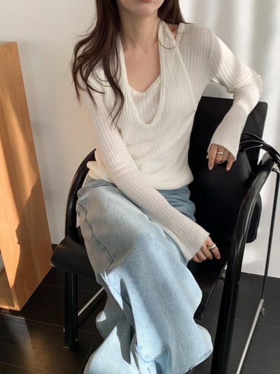 繞頸假兩件Ｖ領坑紋針織衫2