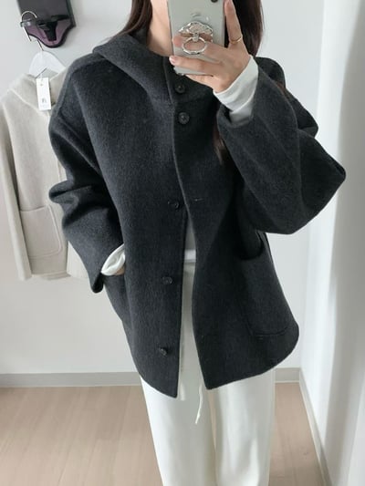 可立領連帽雙口袋長版大衣5