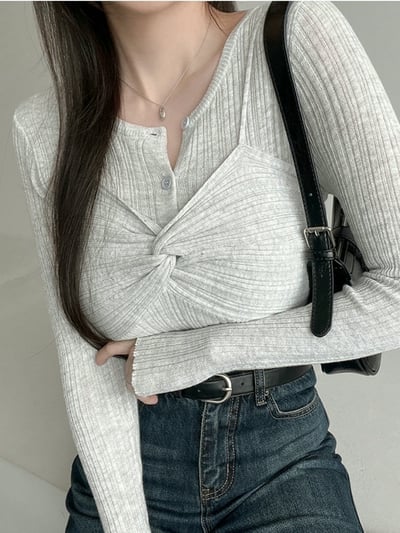 兩穿細坑條排釦罩衫＋扭結背心SET7