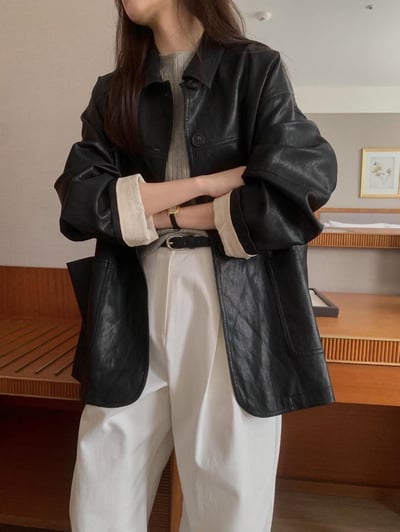 翻領皮革長版外套4