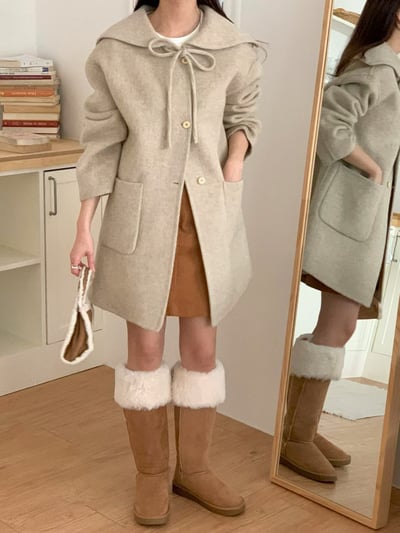 前綁結娃娃圓領羊毛100%大衣8