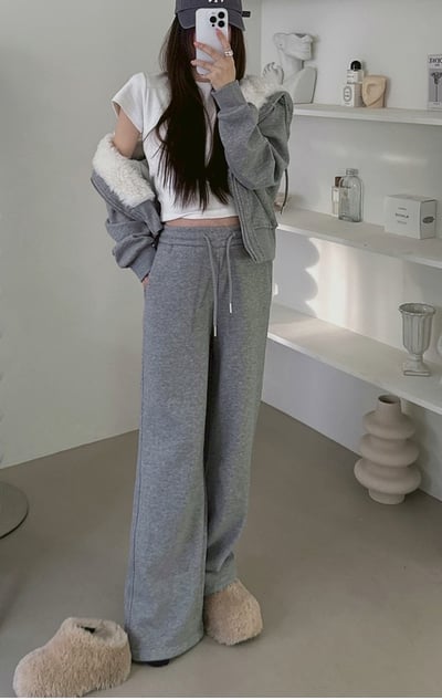 毛毛大翻領設計連帽外套＋鬆緊長褲SET2