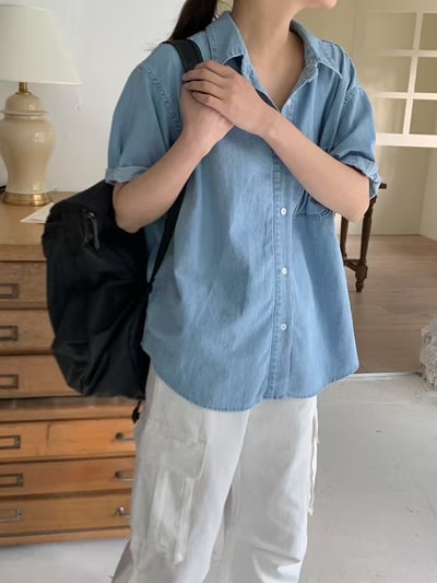 水洗軟牛仔布料短袖襯衫7