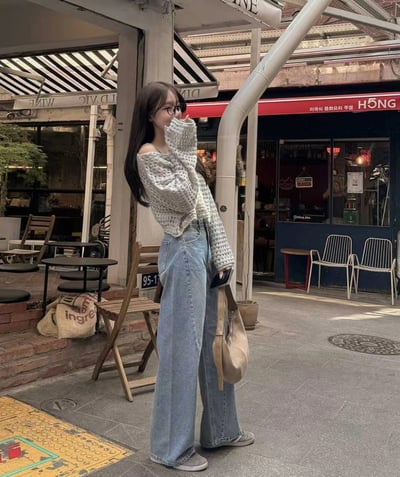 斜車線設計落地微寬牛仔褲6