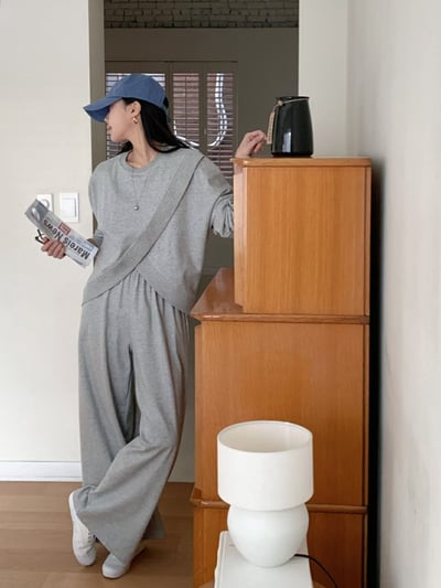 交叉下擺大學Ｔ＋鬆緊棉寬褲SET6