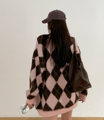 菱格紋毛感中長款排釦外套9