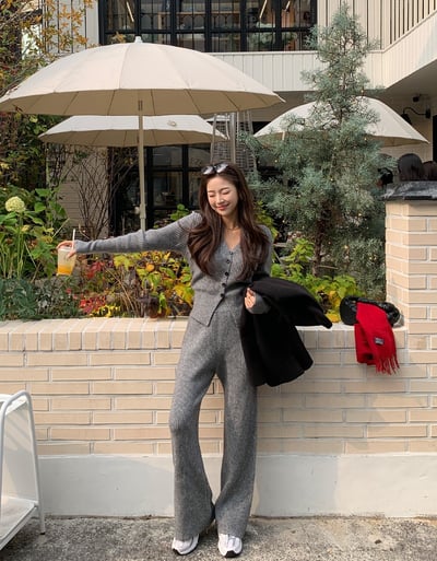 -2kg超顯瘦！Ｖ領坑紋針織衫+鬆緊長褲SET5