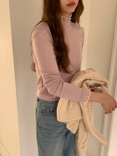 拼接花邊邊網紗高領打底衣7