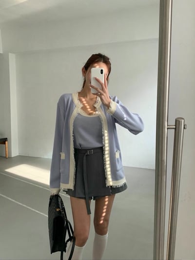 圓領抽鬚滾邊開心外套＋撞色背心SET6