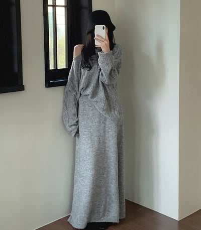 斜肩長版麻花針織衣+鬆緊落地長裙SET1