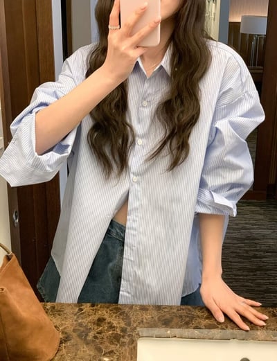 落肩百搭直紋襯衫4