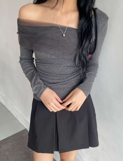 斜肩拼接網紗彈力薄針織衣9