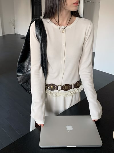 荷葉滾邊排釦針織衫＋鬆緊針織長裙SET4