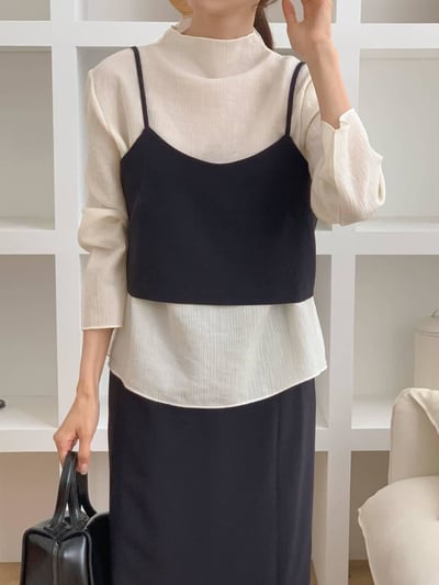 氣質背心+雙層配色長裙SET（黑S現貨一套）1