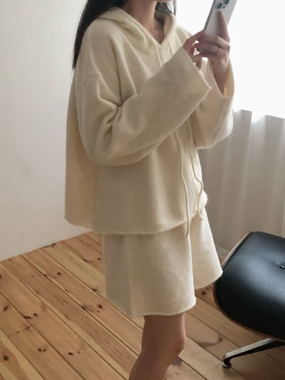 抽繩連帽針織衫＋鬆緊三分針織褲SET9