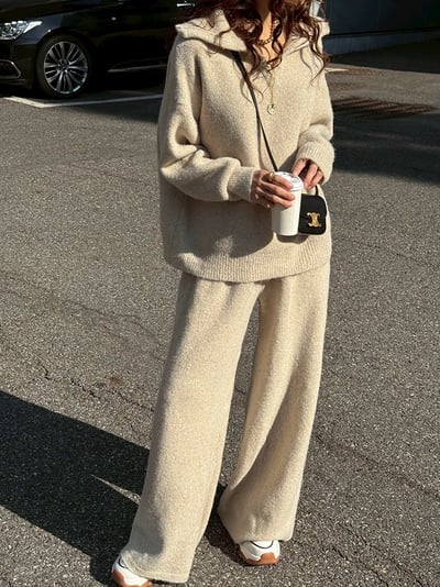 大翻領針織上衣+寬褲SET4