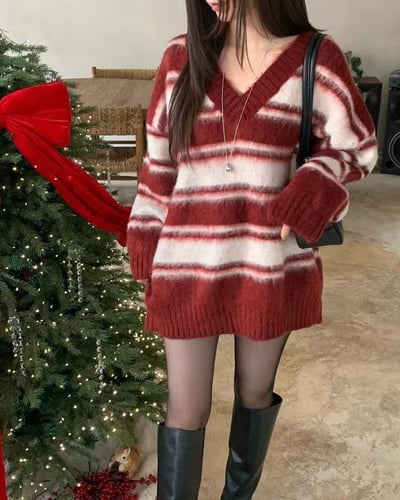 V領毛款橫條紋長版針織衣(羊毛20%)2