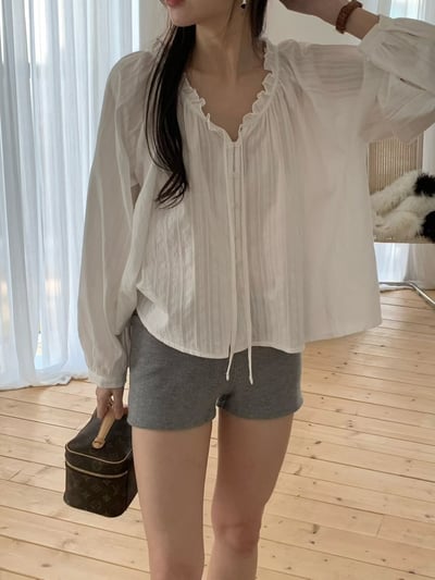 前綁結花邊Ｖ領棉麻衫＋荷葉棉麻短裙SET(可拆買）4