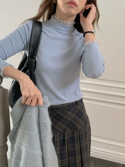 拼接花邊邊網紗高領打底衣3