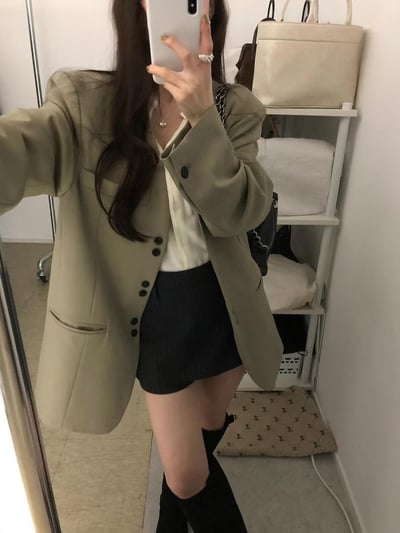 無領雙釦造型墊肩西裝外套1