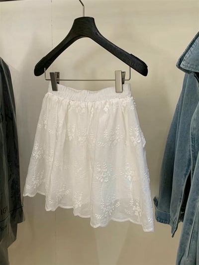 花邊刺繡鬆緊棉麻短褲裙10