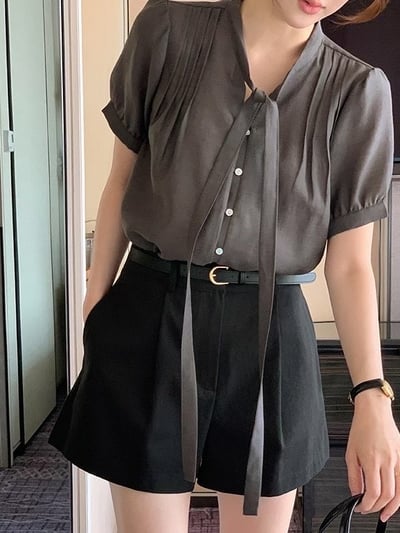 （客訂勿下單)綁結領前壓摺公主袖雪紡衫8