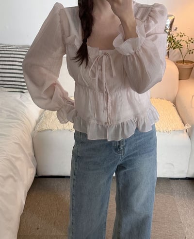 方領荷葉滾邊前綁結排釦雪紡衫6