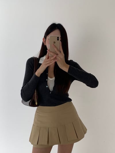 拼接排釦襯領假兩件針織衫2