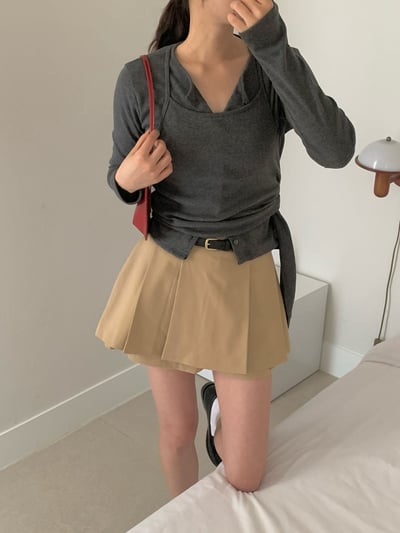 排釦開襟薄Ｔ＋側綁帶繞頸背心SET2